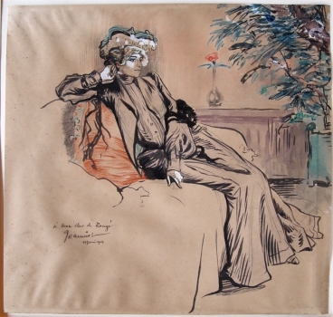 Jeanniot, Georges. Portrait einer sitzenden, eleganten jungen Dame. (00114)