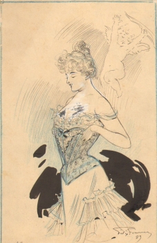 Fournery, Félix. Frau im Korsett mit geflügeltem Cupido. (00183)