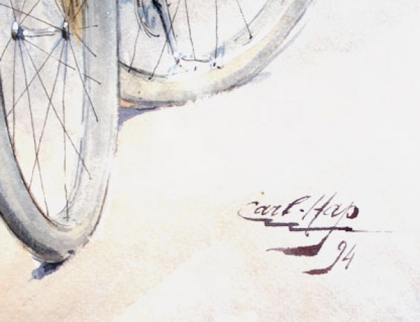 Happel, Carl. Aquarell Gouache.  Elégantes à bicyclettes -  (Elegante Dame mit Fahrrad) (01820)