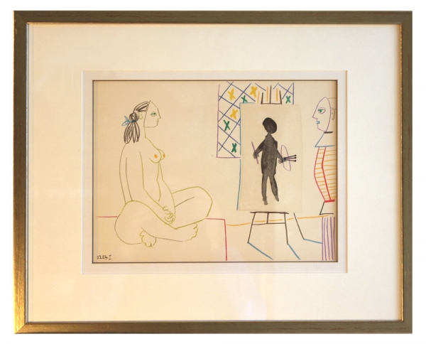 Picasso, Pablo. Atelierszene. Im Passepartout hinter Glas gerahmt (03087)